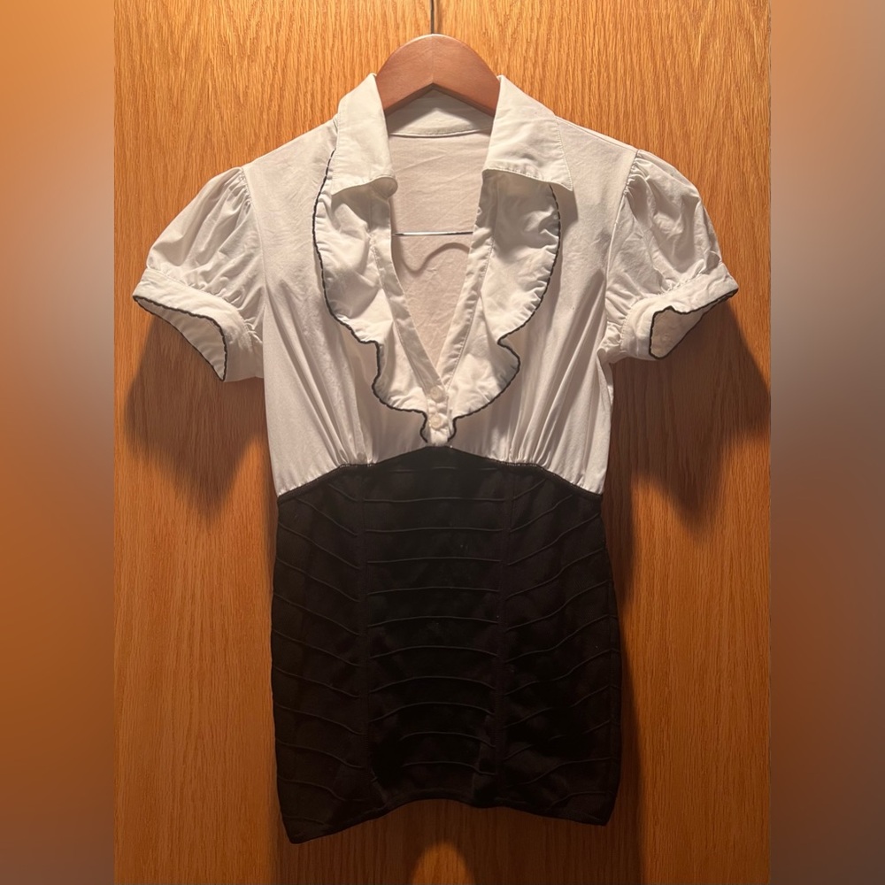 Bebe Black and White Ruffled Blouse